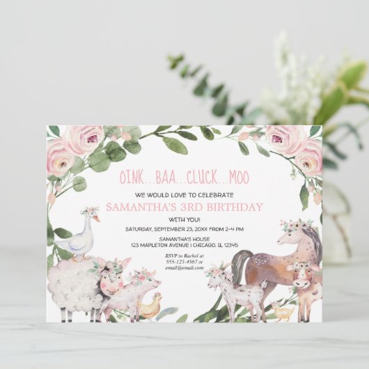 かわいい家畜ピンクのフローラの誕生日パーティー 招待状 (スタンド正面)