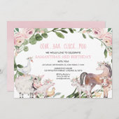 かわいい家畜ピンクのフローラの誕生日パーティー 招待状 (正面/裏面)