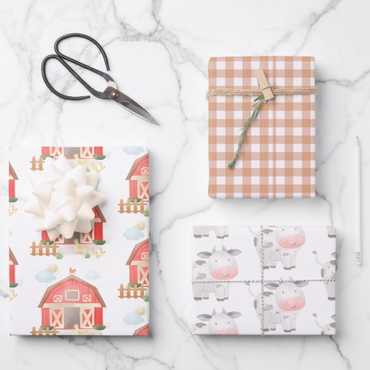 かわいい家畜納屋周囲の庭及び牛誕生日 ラッピングペーパーシート (正面)