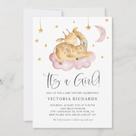 かわいい寝ているキリン ピンク 女の子の赤ちゃん歓迎会 招待状