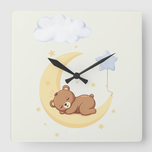 かわいい寝ているクマの保育園ウォールクロック スクエア壁時計 (正面)
