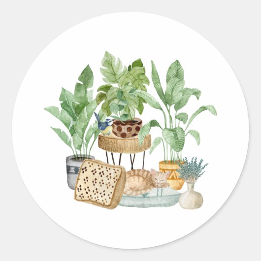 かわいい寝猫と家の植物 ラウンドシール (正面)