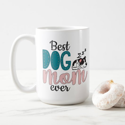 かわいい寝顔のぶち犬と「Best dog mom ever」 コーヒーマグカップ (ドーナツ)