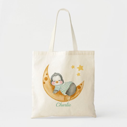 かわいい寝顔の赤ちゃんペンギンと月 トートバッグ (正面)