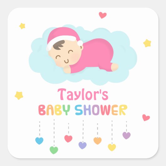かわいい寝顔の赤ちゃん女子シャワーパーティーラベル スクエアシール (正面)
