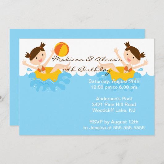 かわいい対の女の子のプールを囲んでのパーティの誕生日の招待状 招待状 (正面/裏面)