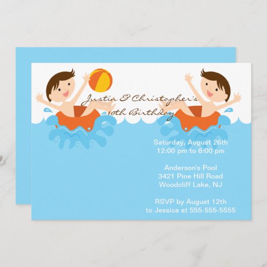 かわいい対の男の子のプールを囲んでのパーティの誕生日の招待状 招待状 (正面/裏面)
