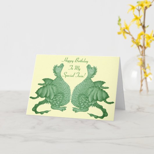 かわいい対の緑ドラゴンの神話上のファンタジーの創造物 カード (黄色い花)