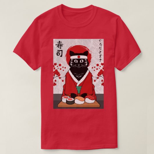 かわいい寿司屋キャットサムライ子猫ジャパン日本の Tシャツ (デザイン正面)