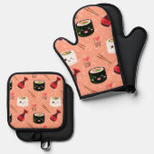 かわいい寿司柄 鍋つかみ&鍋敷きセット (正面/裏面)