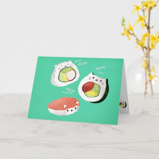 かわいい寿司猫 カード (黄色い花)