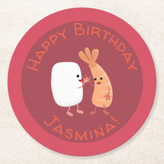 かわいい寿司飯の仲間の漫画 ラウンドペーパーコースター (正面)