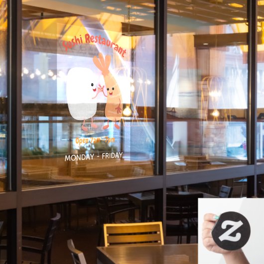 かわいい寿司飯エビの友人の漫画のウィンドウにしがみつく ウィンドウサイン (レストラン窓)