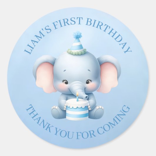 かわいい小さい象の1歳の誕生日お礼ブルー ラウンドシール (正面)