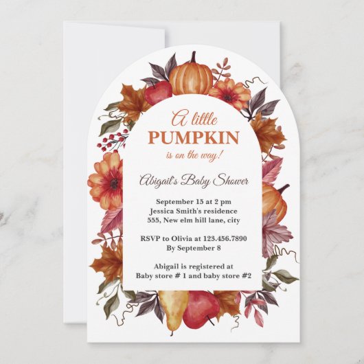 かわいい小さなかぼちゃが赤ちゃんシャワーの途中にある 招待状 (正面)