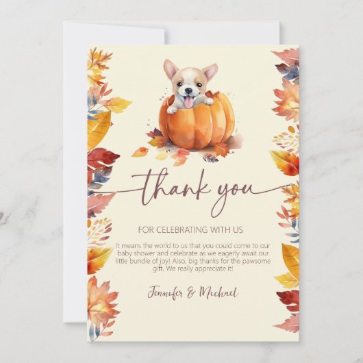かわいい小さなかぼちゃの子犬の秋ラブベビーシャワー サンキューカード (正面)