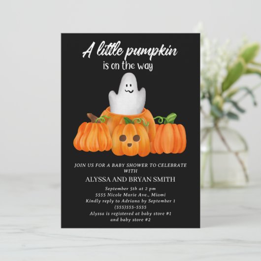 かわいい小さなかぼちゃの途中の赤ちゃんシャワー 招待状 (スタンド正面)