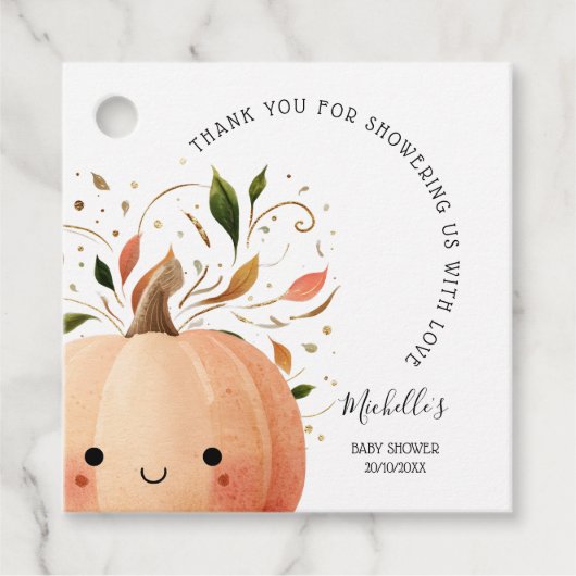 かわいい小さなかぼちゃオンザウェイ秋赤ちゃんシャワー フェイバータグ (正面)
