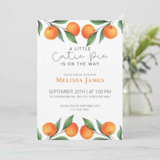 かわいい小さなかわいこちゃんは方法柑橘系の赤ちゃんシャワー 招待状 (スタンド正面)