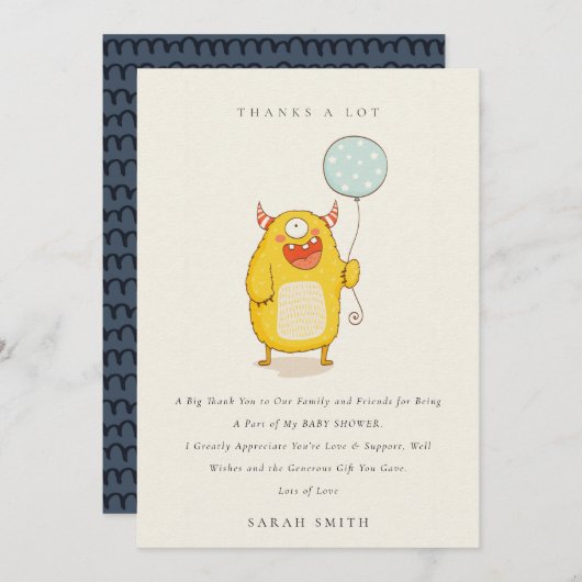 かわいい小さなアクアイエローハッピーモンスターベビーシャワー サンキューカード (正面/裏面)