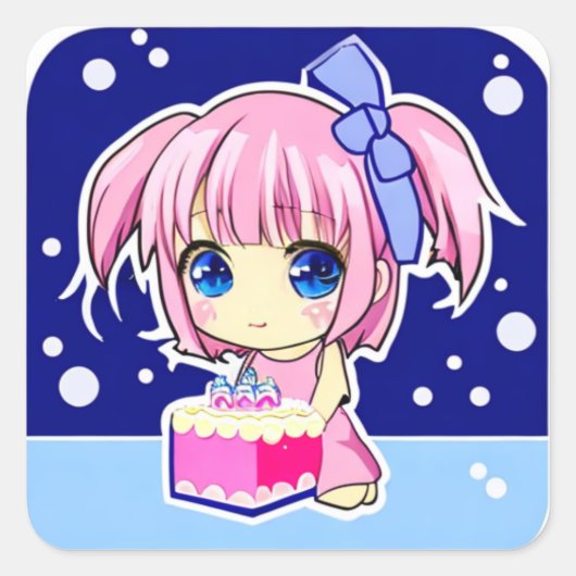 かわいい小さなアニメお誕生日ケーキ スクエアシール (正面)