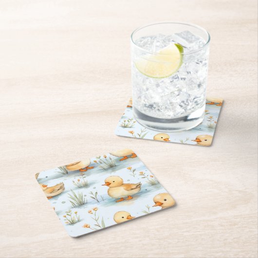かわいい小さなアヒルのパターン スクエアペーパーコースター (インサイチュ)