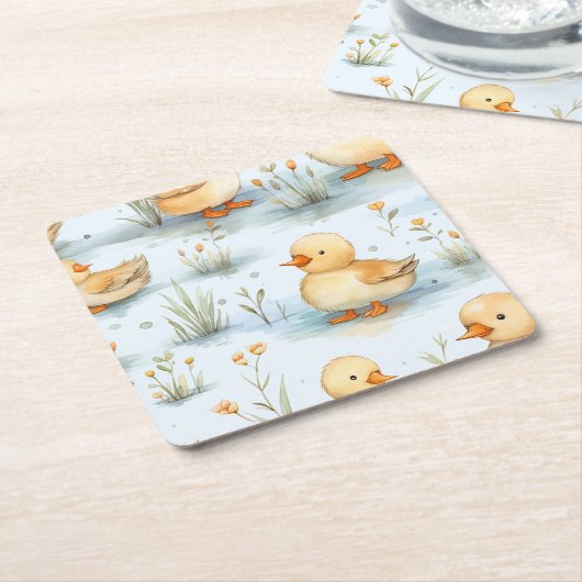 かわいい小さなアヒルのパターン スクエアペーパーコースター (アングル)