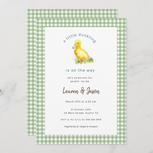 かわいい小さなアヒル素朴な赤ちゃんシャワー招待状 招待状 (正面/裏面)
