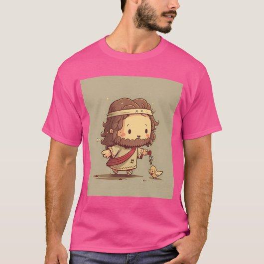 かわいい小さなイエスキリストイラストレーションと鳥 Tシャツ (正面)
