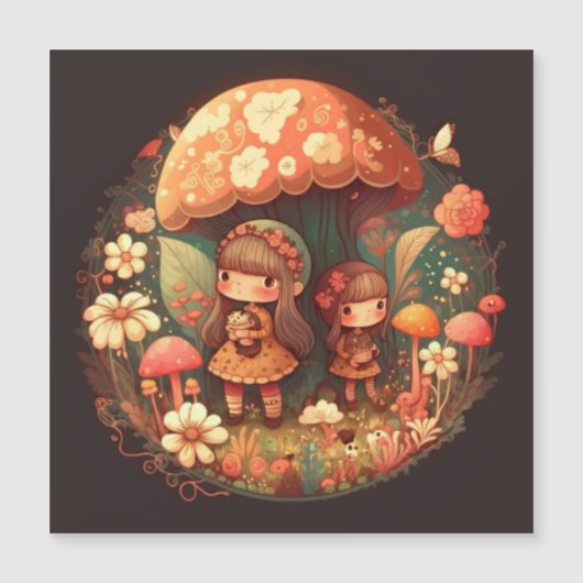 かわいい小さなエルフの少女二人 マグネット招待状 (正面)