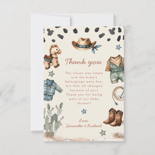 かわいい小さなカウボーイは男の子の赤ちゃんシャワーを途中にある サンキューカード (正面)