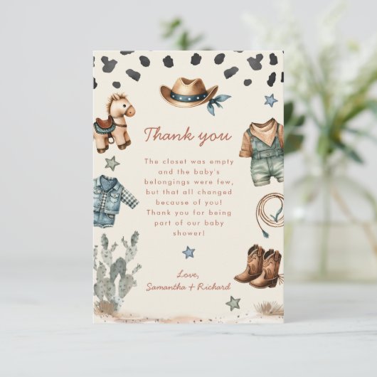 かわいい小さなカウボーイは男の子の赤ちゃんシャワーを途中にある サンキューカード (スタンド正面)