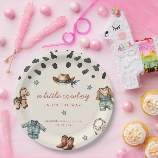 かわいい小さなカウボーイは男の子の赤ちゃんシャワーを途中にある ペーパープレート (パーティー)