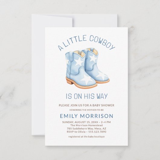 かわいい小さなカウボーイオンザウェイボーイベビーシャワー 招待状 (正面)