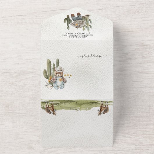 かわいい小さなカウボーイ西の水の色ベビーシャワー オールインワン招待状 (外側)