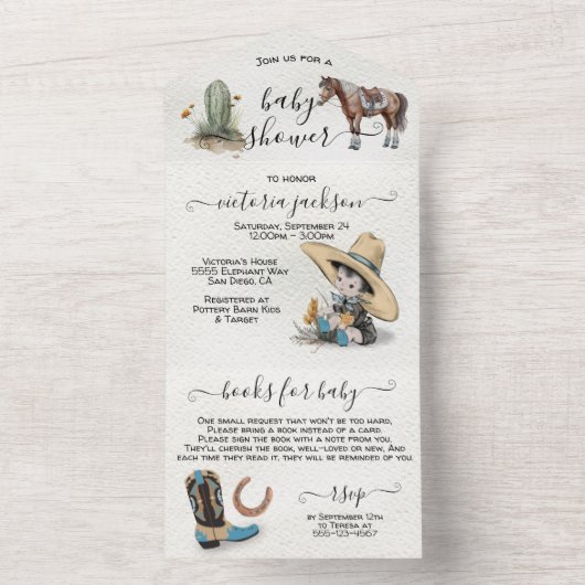 かわいい小さなカウボーイ西の水の色ベビーシャワー オールインワン招待状 (内側)