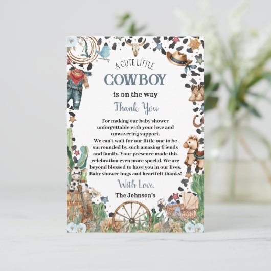 かわいい小さなカウボーイ西の水の色ベビーシャワー サンキューカード (スタンド正面)