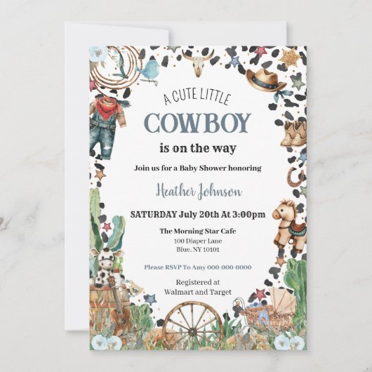 かわいい小さなカウボーイ西の水の色ベビーシャワー 招待状 (正面)