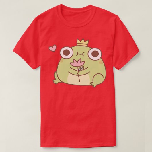 かわいい小さなカエルの王子が花を持ち Tシャツ (デザイン正面)