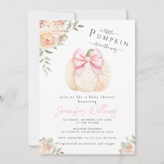 かわいい小さなカボチャのピンクのフローラ赤ちゃん女の子シャワー 招待状 (正面)