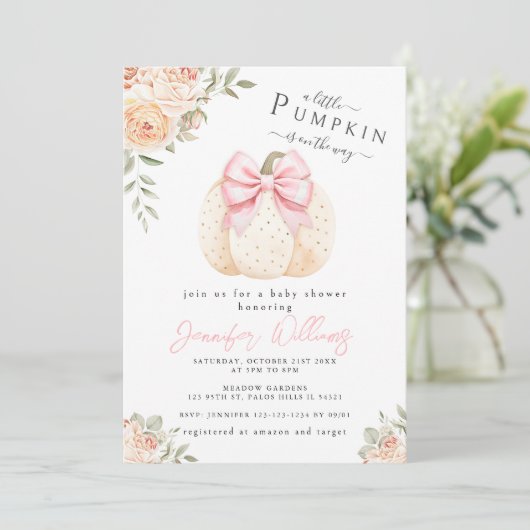 かわいい小さなカボチャのピンクのフローラ赤ちゃん女の子シャワー 招待状 (スタンド正面)