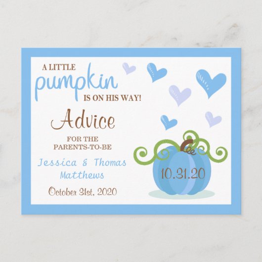 かわいい小さなカボチャ男の子赤ちゃんシャワーアドバイスカード ポストカード (正面)