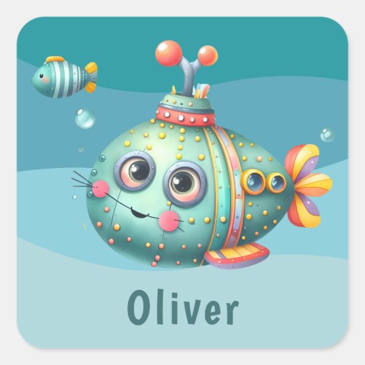 かわいい小さなカラフル潜水艦 スクエアシール (正面)