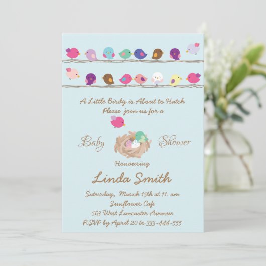 かわいい小さなカラフル鳥の赤ちゃんのシャワーの招待状 招待状 (スタンド正面)