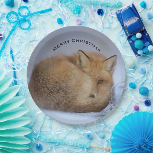 かわいい小さなキツネが冬の写真のクリスマスを丸めた ペーパープレート