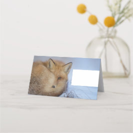 かわいい小さなキツネが冬の写真を丸めた プレイスカード