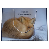 かわいい小さなキツネが冬の写真を丸めた ラージペーパーバッグ (正面)