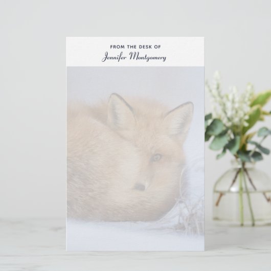 かわいい小さなキツネが冬の写真を丸めた 便箋 (スタンド正面)