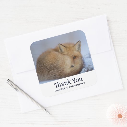 かわいい小さなキツネカール冬の写真誕生日 スクエアシール (封筒)