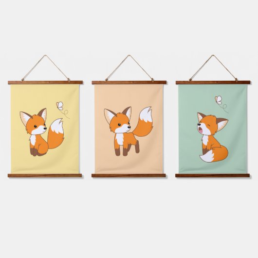 かわいい小さなキツネセット3 吊り下げ型タペストリー (トリプル)